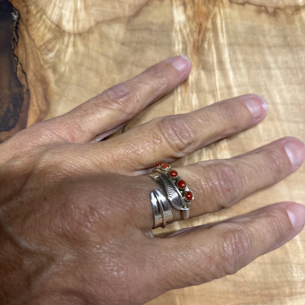 Navajo Sterling Silver 925 Coral Southwest Feather Wrap Bypass Adj Band Ring